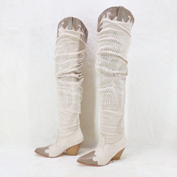 Iconic Western Thigh high Cowgirl Boots Cream - Picture 10 of 12